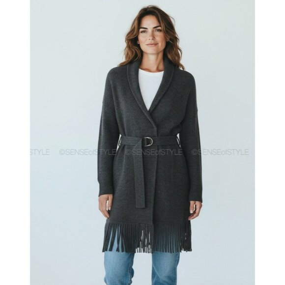 Brunello Cucinelli Cashmere Cardigan Gray Fringe Belted Size M